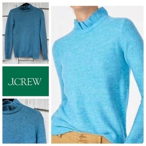 J Crew Light Blue Textured Knit Ruffle Mock Neck Sweater Top XXS Alpaca Blend